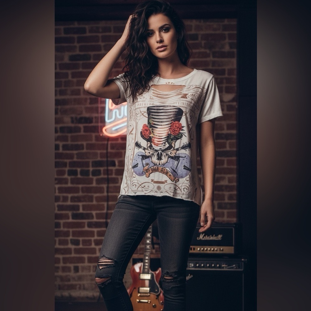 Phil Love White Graphic Tee with Skull and Roses